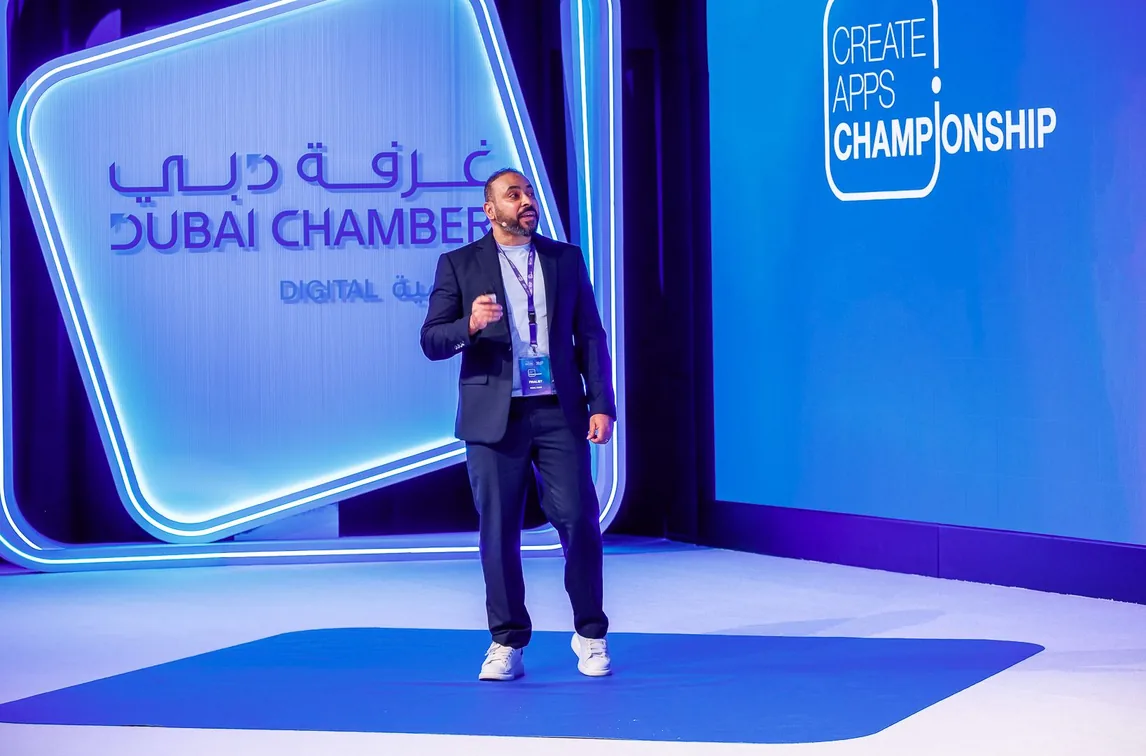 Rimal Games presenting on stage at the Create Apps Championship, Dubai Chamber