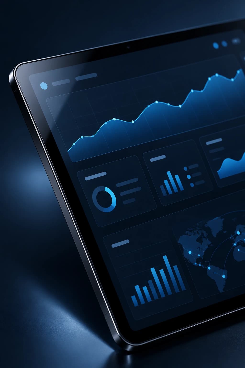 Concept image of a blue analytics dashboard on a tablet